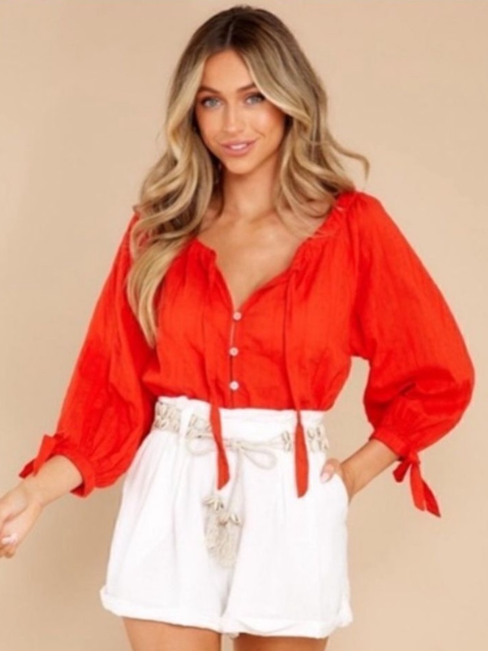 Cleobella Red Button-Front Peasant Blouse
